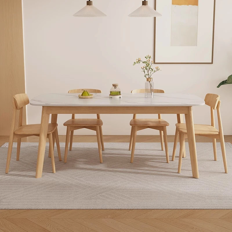 北欧原木岩板实木餐桌家用小户型简约客厅长方形新款网红吃饭桌子
