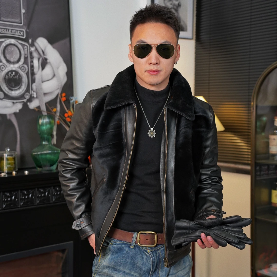 特叔【皮衣】棕熊款加绒外套保暖男士时尚黑色真皮秋季冬季