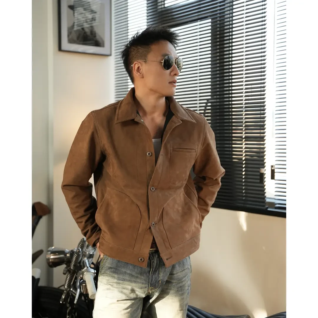 【皮衣】黄石夹克款A级头层油磨绒面小牛皮休闲夹克潮流帅气翻领