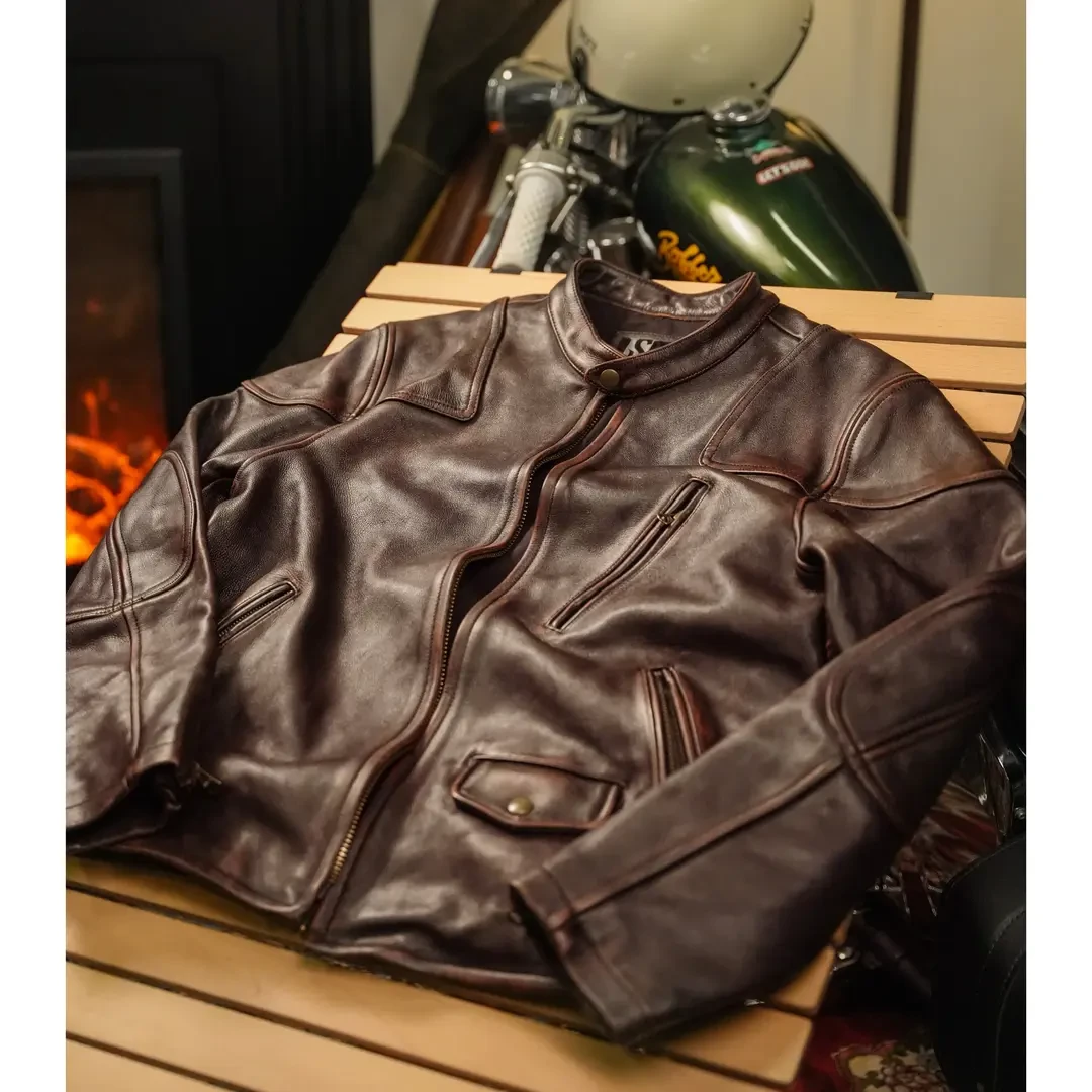 特叔【皮衣】毒液重磅1.5厚度牛皮茶芯复古休闲立领皮夹克