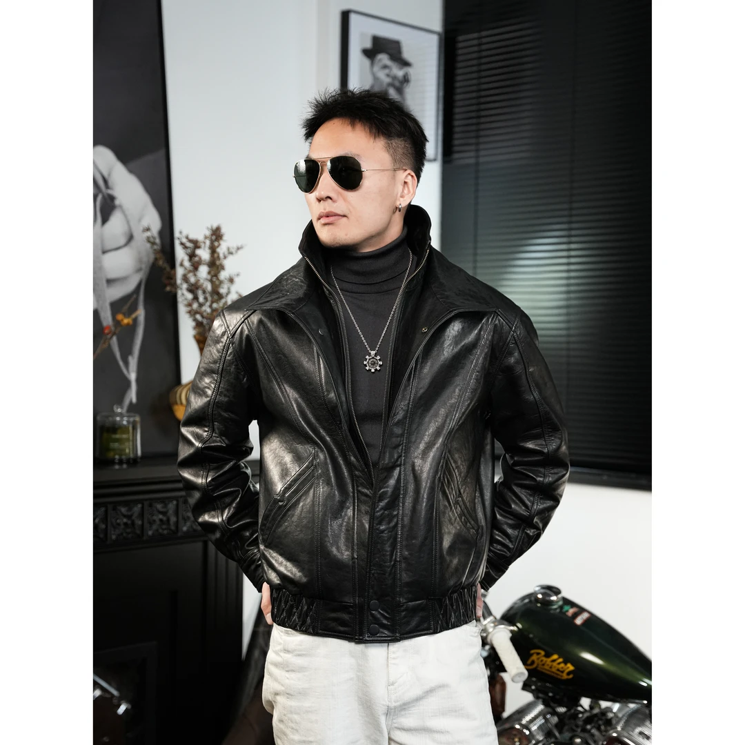 特叔【皮衣】九龙双领款羊皮休闲时尚春秋保暖短款百搭真皮潮流加棉