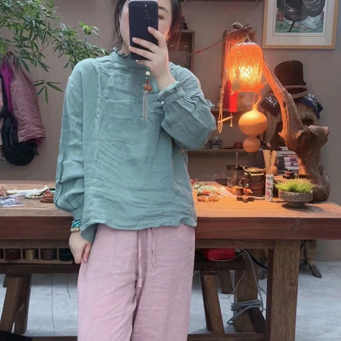小秋自制　砂洗亚麻木耳边立领春秋款衬衫　903-1衣长62胸围130