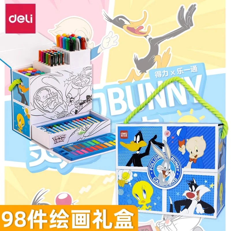 Deli/得力兔八哥儿童绘画套装98件小学生美术彩色笔礼盒HM 952