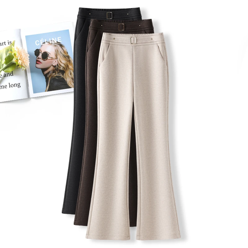 毛呢微喇裤女2024秋冬新款松紧高腰加厚休闲宽松显瘦喇叭裤子女潮