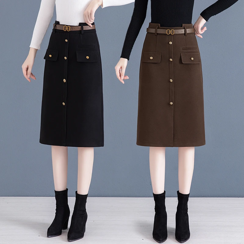 休闲毛呢半身裙女秋冬季2024韩版新款设计感包臀裙一步裙开叉裙子