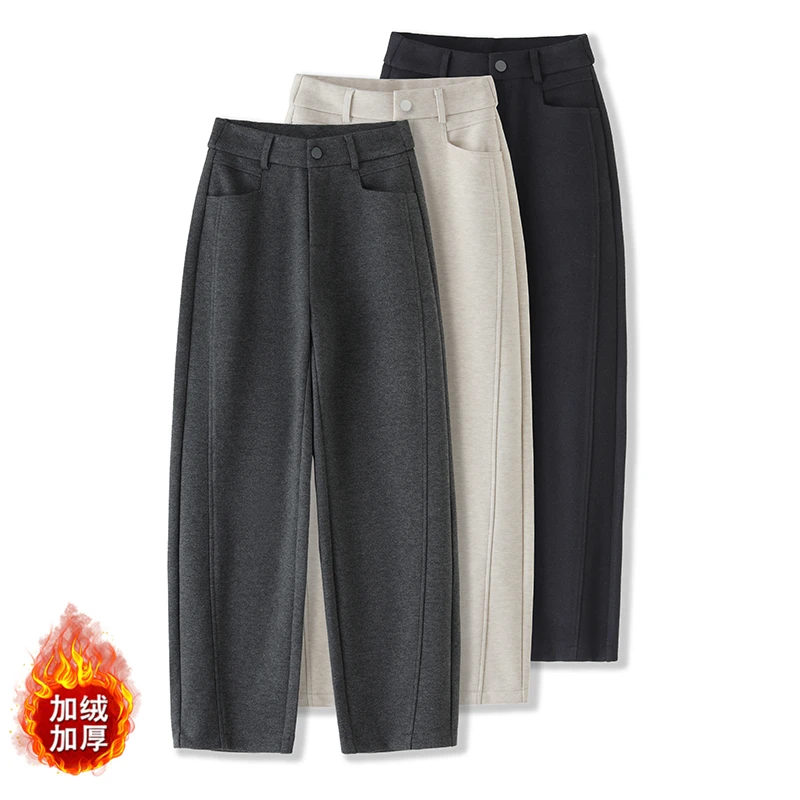 灰色毛呢加绒阔腿裤西装裤女秋冬小个子西裤直筒裤垂感高腰香蕉裤