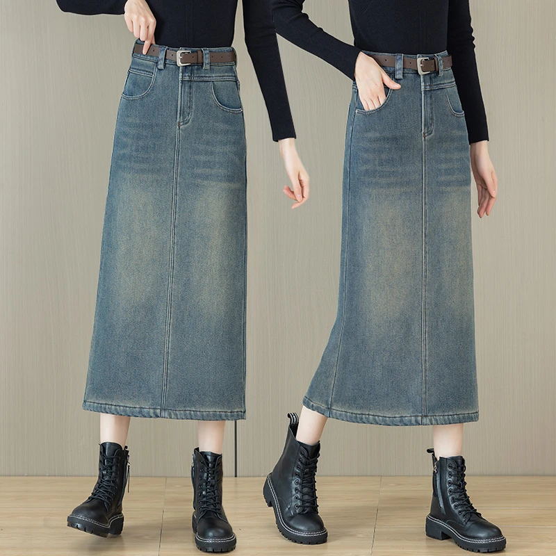 复古牛仔裙半身裙子女2024秋冬新款加绒加厚小个子高腰开叉一步裙