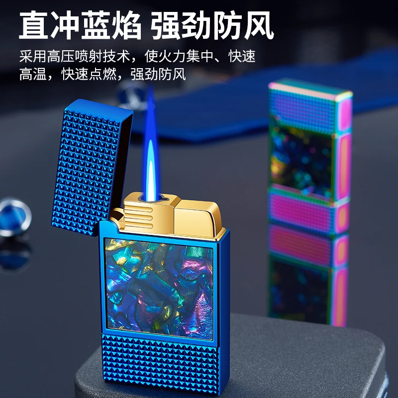 2025年新款网红充气防风打火机个性蓝色火焰高档定制合金送男士礼