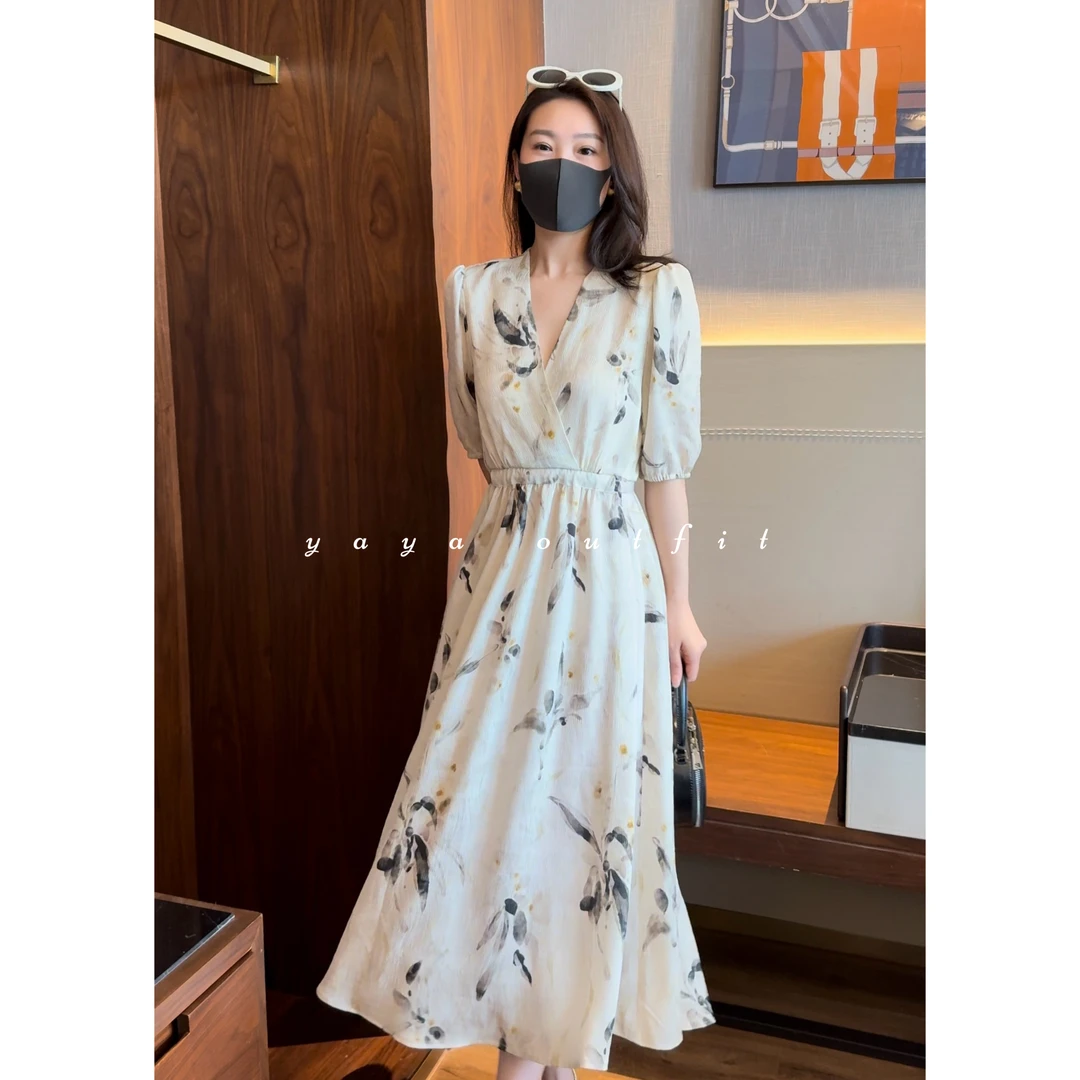 【ZENG缯】Chinoiserie国风印花系列2024女士前交叉抽绳连衣裙