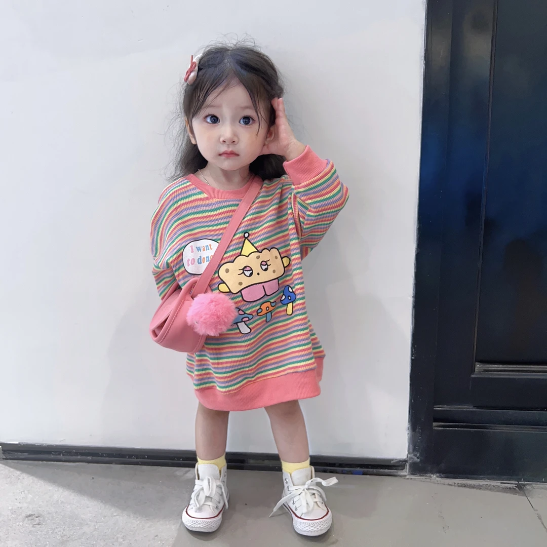 女童童装秋季新款条纹卡通卫衣裙连衣裙78036