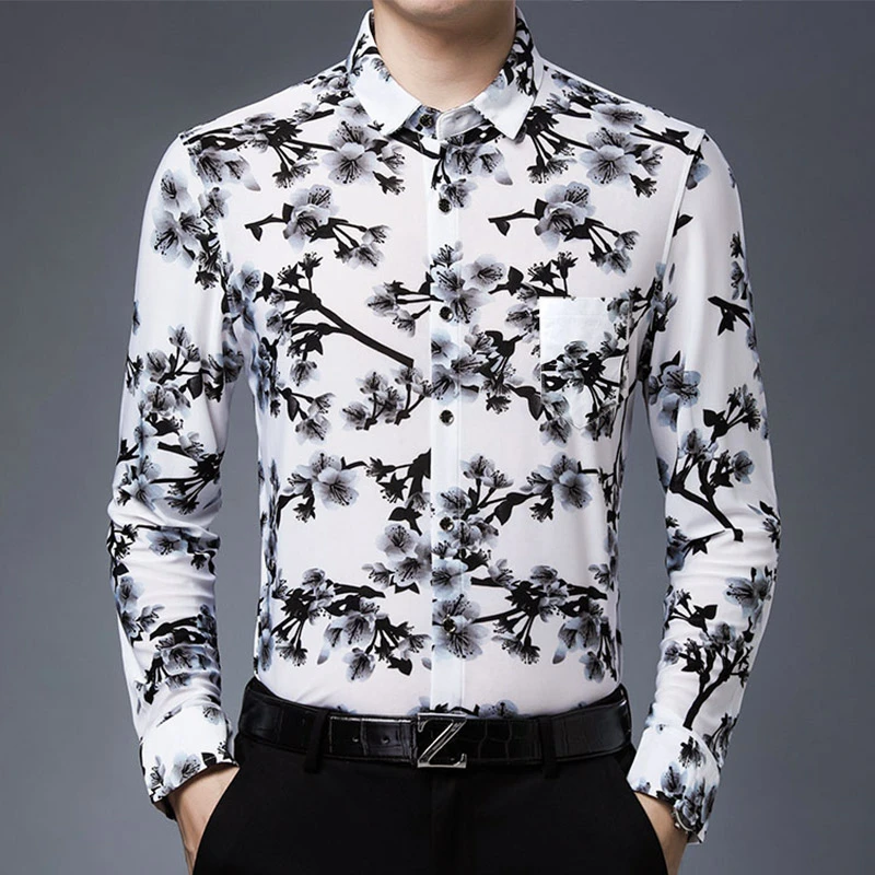 春夏男士长袖印花衬衫薄款 弹力冰丝水墨梅花时尚时尚休闲衬衣