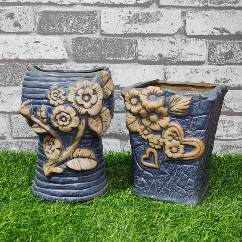 法师盆高老桩悬崖桩细高盆清仓粗陶浮雕立体方口多肉植物花盆