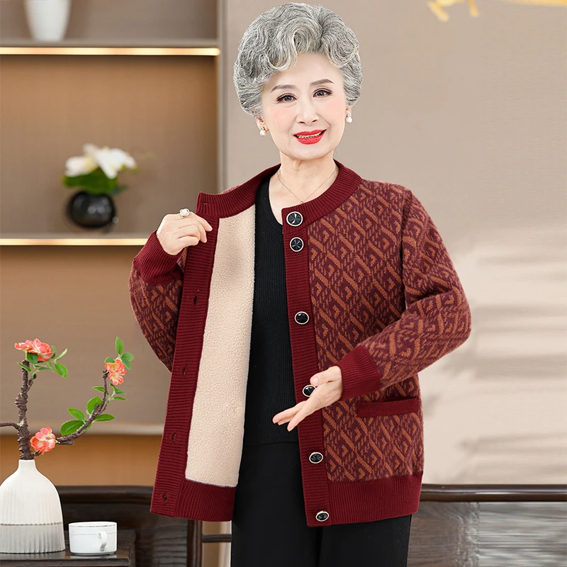 时尚新中式老年妈妈装奶奶装外套上衣格子纽扣秋冬加厚加绒老太衫