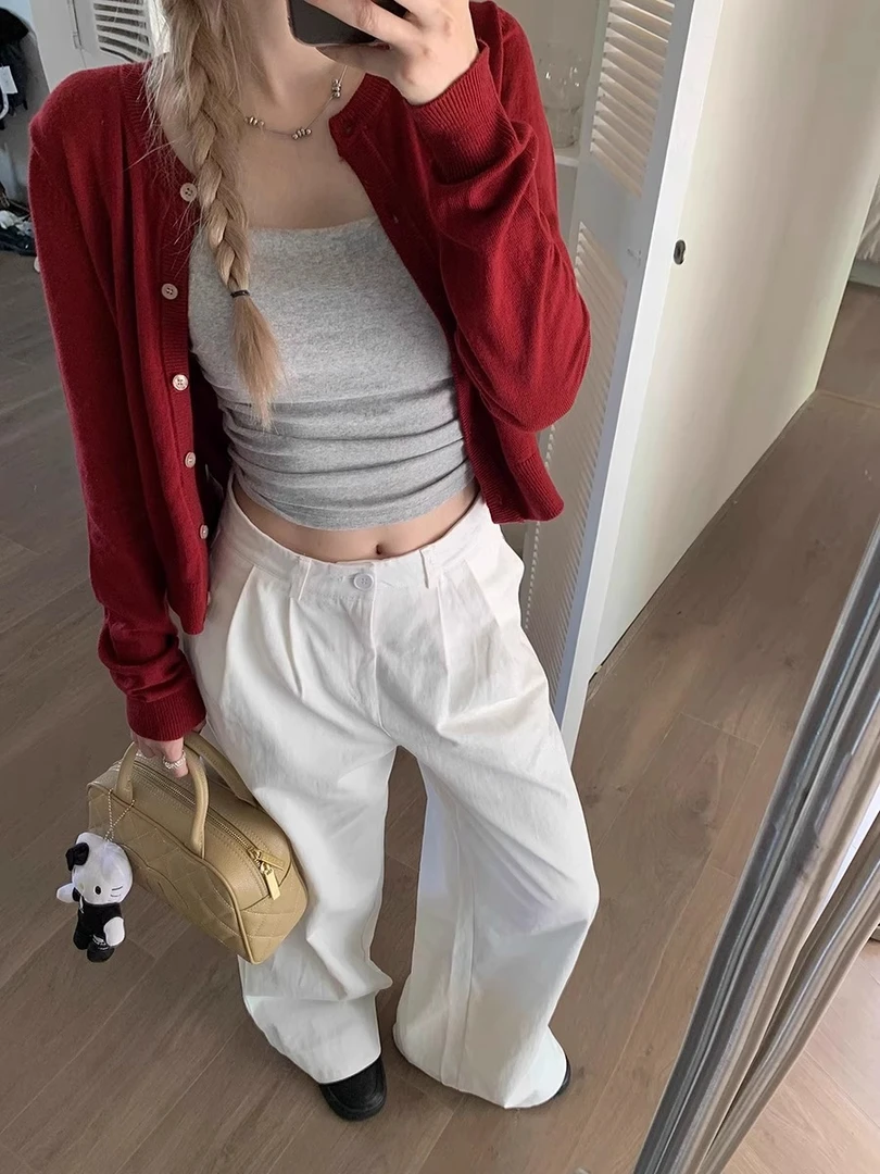 红色短款针织开衫女春秋新款修身显瘦薄款内搭打底衫上衣