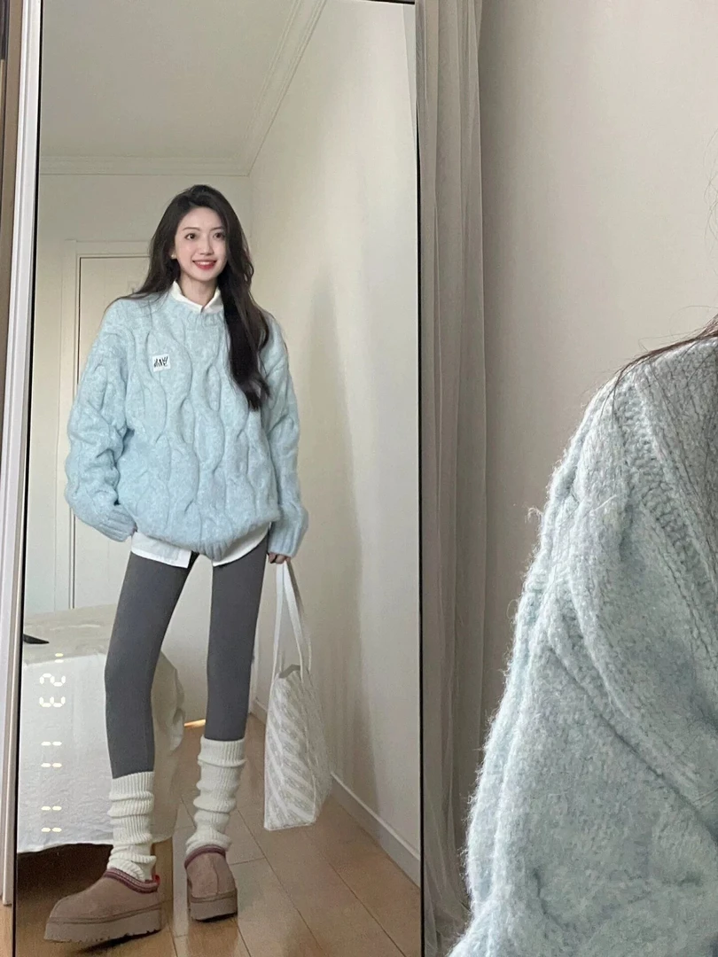 韩系慵懒风圆领麻花毛衣女秋冬季宽松外穿奶fufu软糯针织上衣