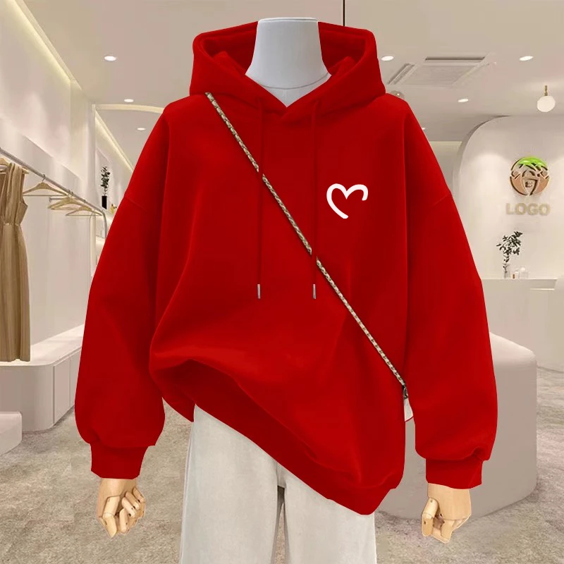 红色正肩本命年连帽卫衣女2025秋冬新款欧货大码宽松加绒加厚上衣