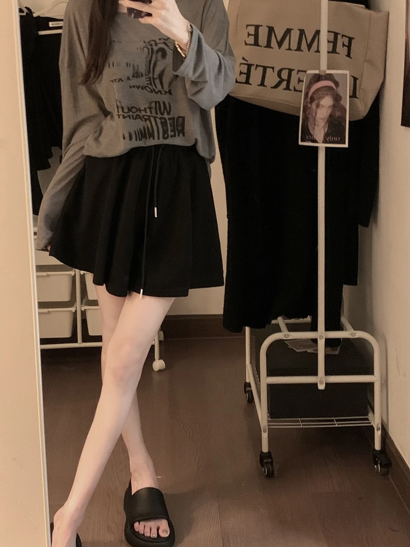 ZUIMEI「嘴妹严选」黑色运动裤休闲裤松紧腰短裤宽松裤裙显瘦裤子女