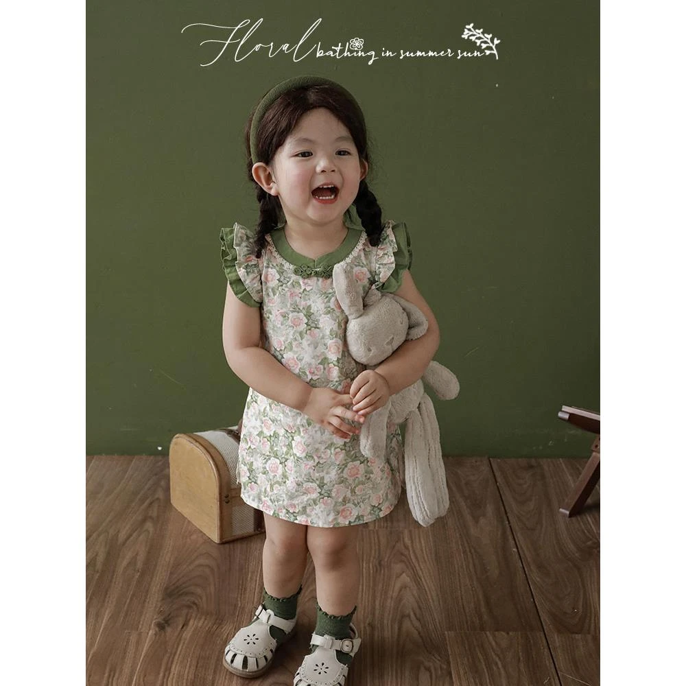 幼悠女童夏装纯棉连衣裙中国风小女孩旗袍儿童飞袖背心裙子X4272