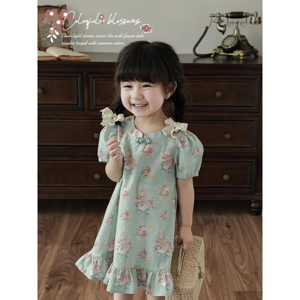 【YOEHYAUL幼悠】幼悠耳畔簪花 盘扣 泡泡袖连衣裙AX0335