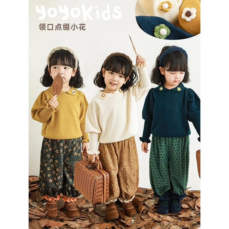幼悠音符流淌花朵娃娃翻领马蹄袖套头休闲儿童女宝打底毛衣 D2291