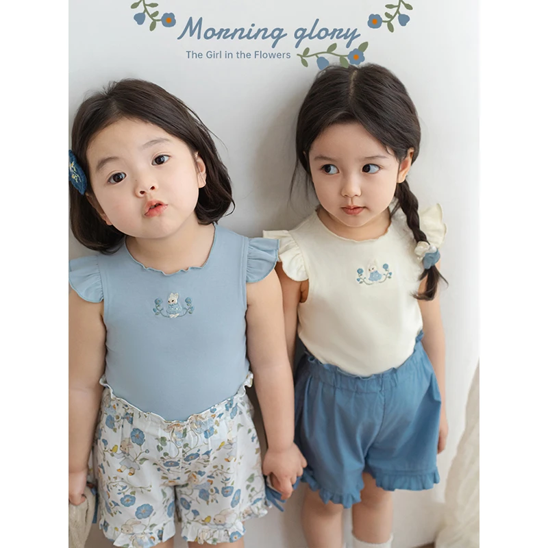 幼悠夏二波儿童时尚洋气卡通上衣女童宝宝百搭纯色短款T恤 LX0220