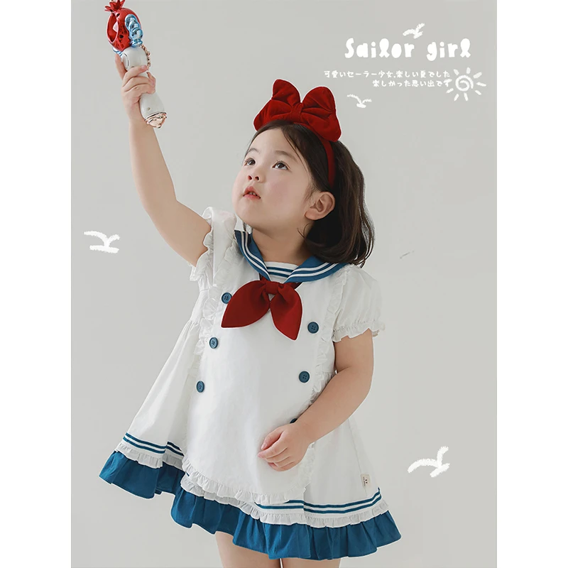 幼悠女童洛丽塔风水手服连衣裙夏季纯棉童装儿童荷叶边裙子WX0012