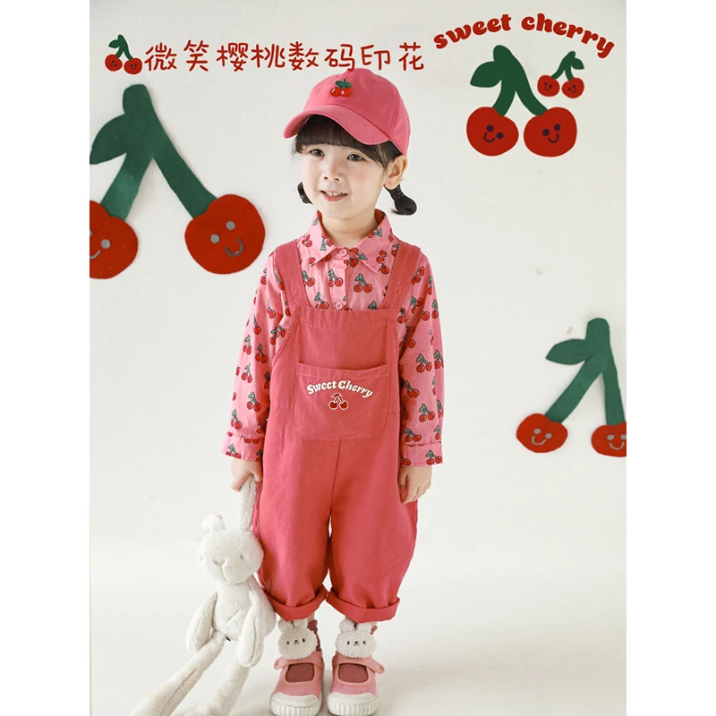 YOEHYAUL/幼悠樱桃女童春秋洋气宽松儿童背带裤连体休闲长裤C2697