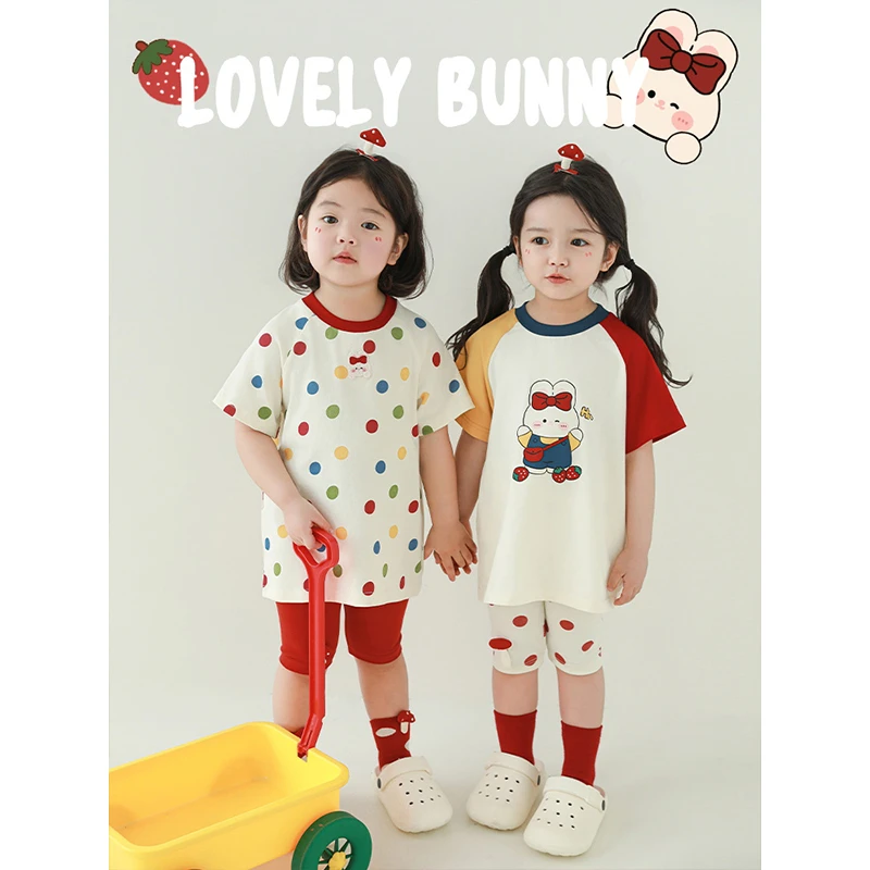 幼悠女童波点小兔T恤夏季童装软萌可爱舒适儿童插肩袖上衣ZX0079