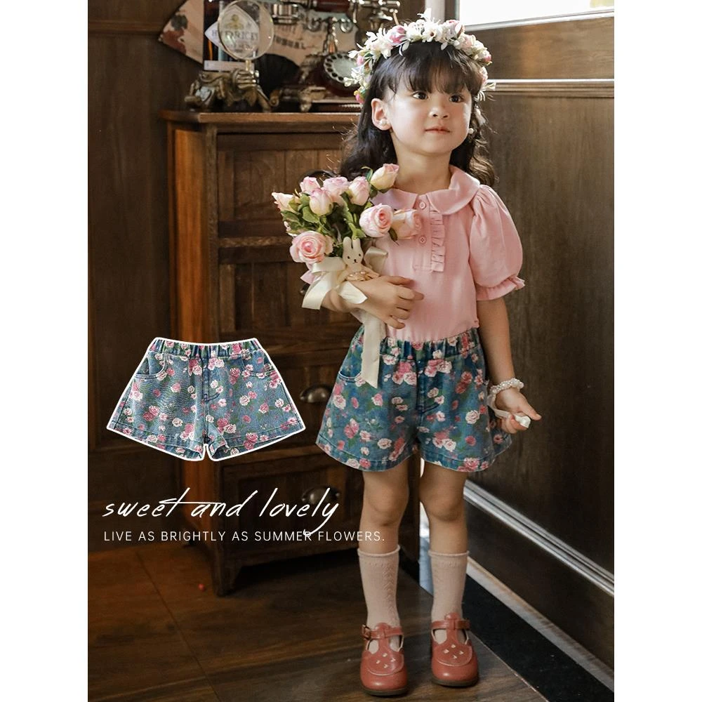 【YOEHYAUL幼悠】幼悠生而绚烂 玫瑰 洋气休闲复古时尚短裤X3485