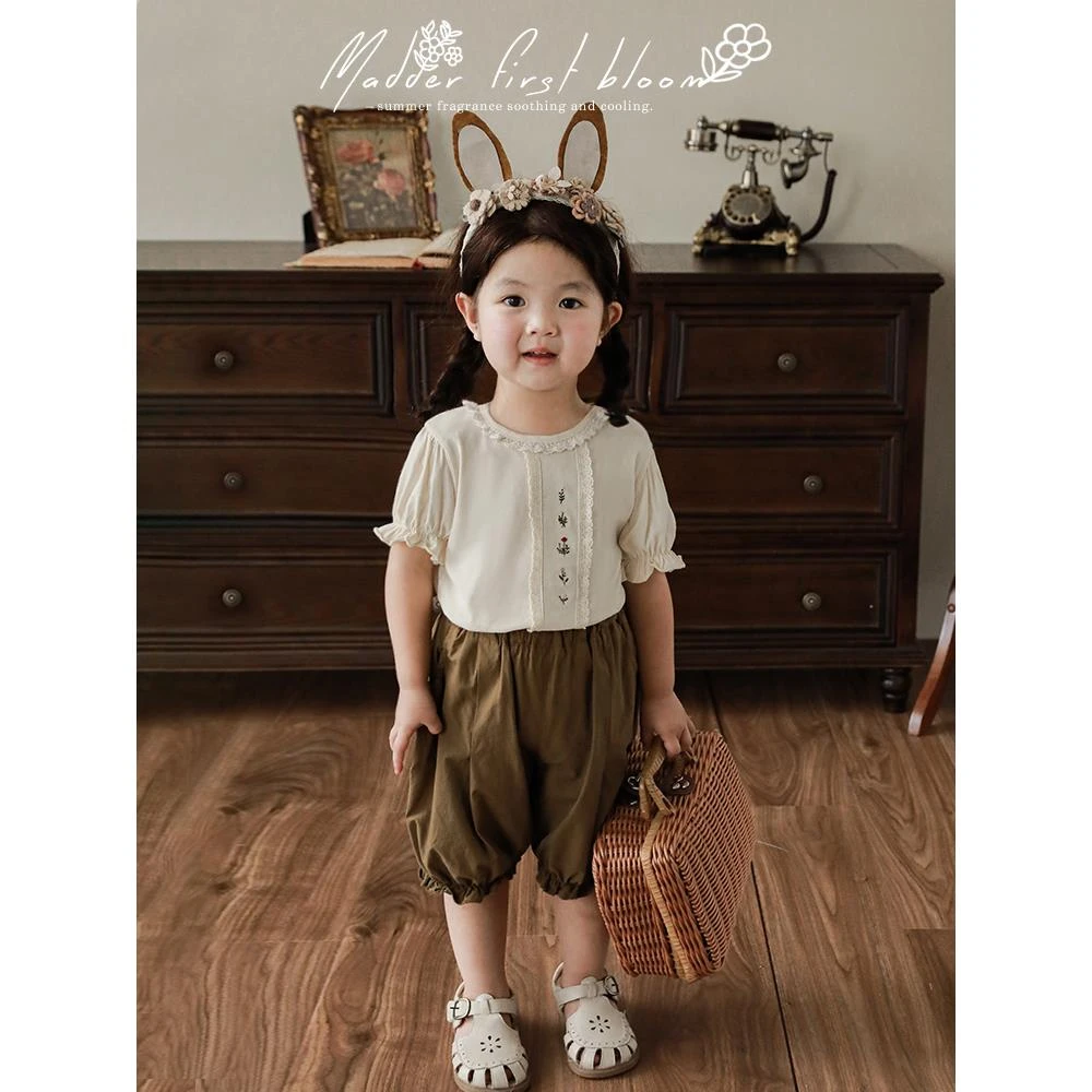 幼悠[十里花路]娃娃衫 花苞短袖洋气休闲复古碎花儿童女夏装X3988