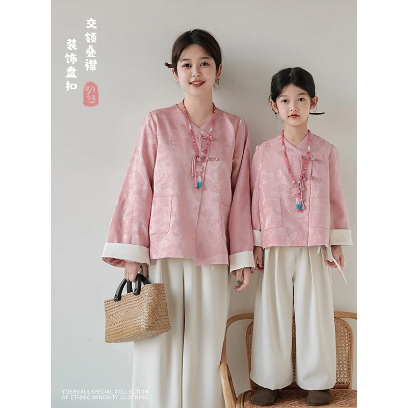 清 幼悠{胭脂花间}国风盘扣撞色亲子装女童中式汉服复古Q3873