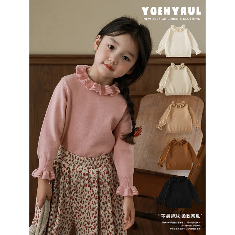 YOEHYAUL/幼悠女童花边翻领打底衫儿童洋气针织衫秋冬毛衣D2975