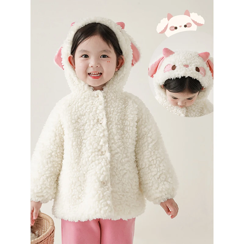 幼悠儿童卡通毛毛外套秋冬女童保暖连帽外套洋气宝宝童装D3104