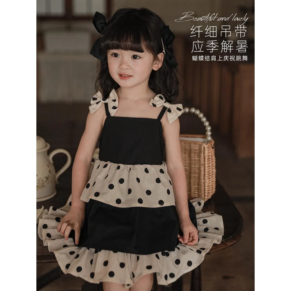X3946 公主洋气夏季儿童女宝黑白复古波点碎花连衣裙吊带甜美