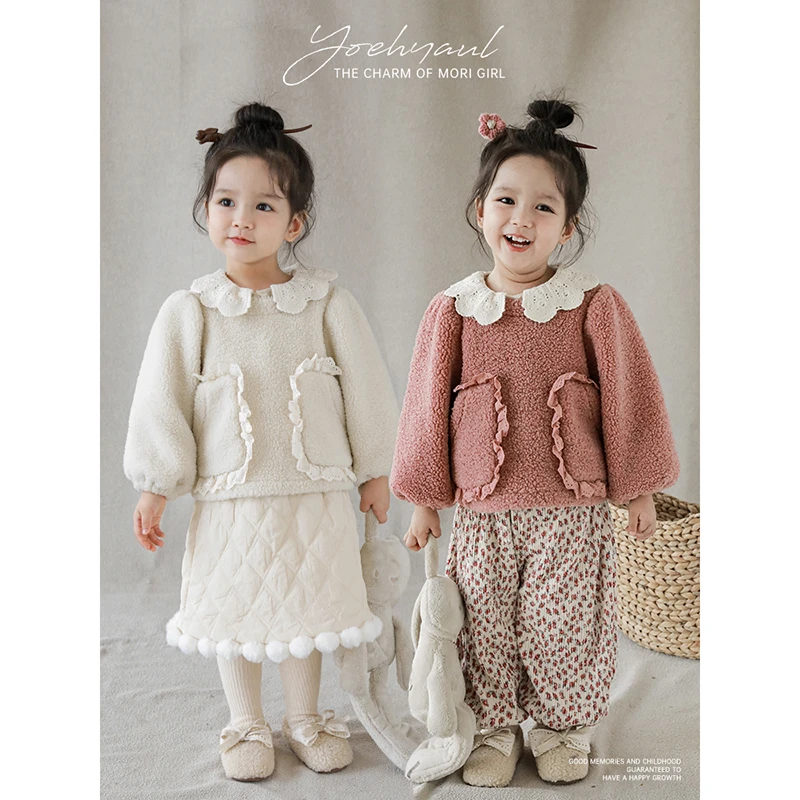 幼悠女童纯色花边毛绒外套儿童冬季百搭潮流针织外套童装D3219