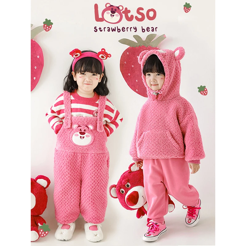 幼悠甜味星球毛绒提花草莓熊冬季卡通加厚背带儿童女宝长裤 Q2559