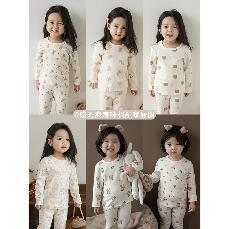 幼悠儿童卡通家居服套装无痕打底宝宝内衣长袖趣味两件套Q3789