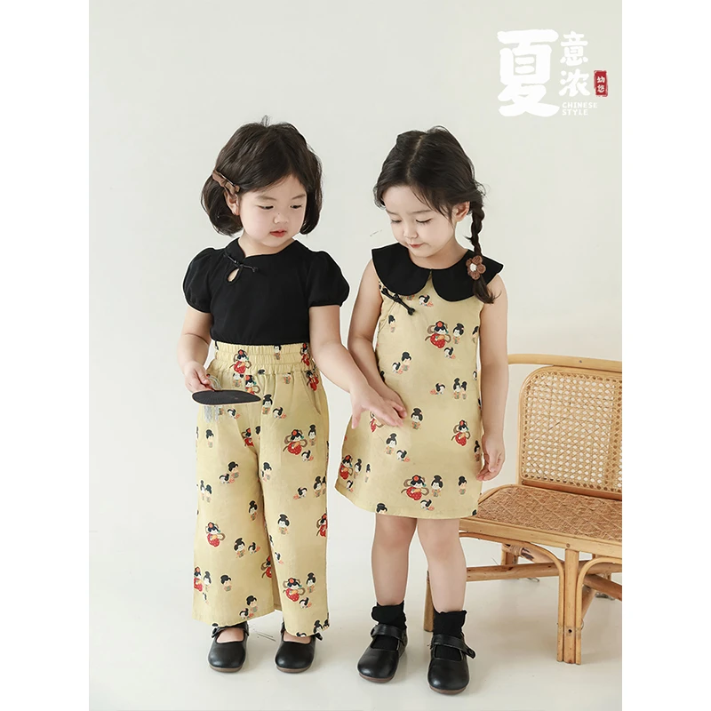 【幼悠】夏二波儿童时尚百搭国风裙子女童洋气碎花连衣裙 WX0036