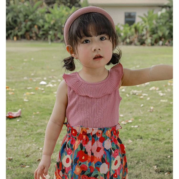 幼悠女童背心裙时尚荷叶花边2025夏季宝宝针织纯色上衣修身X3512