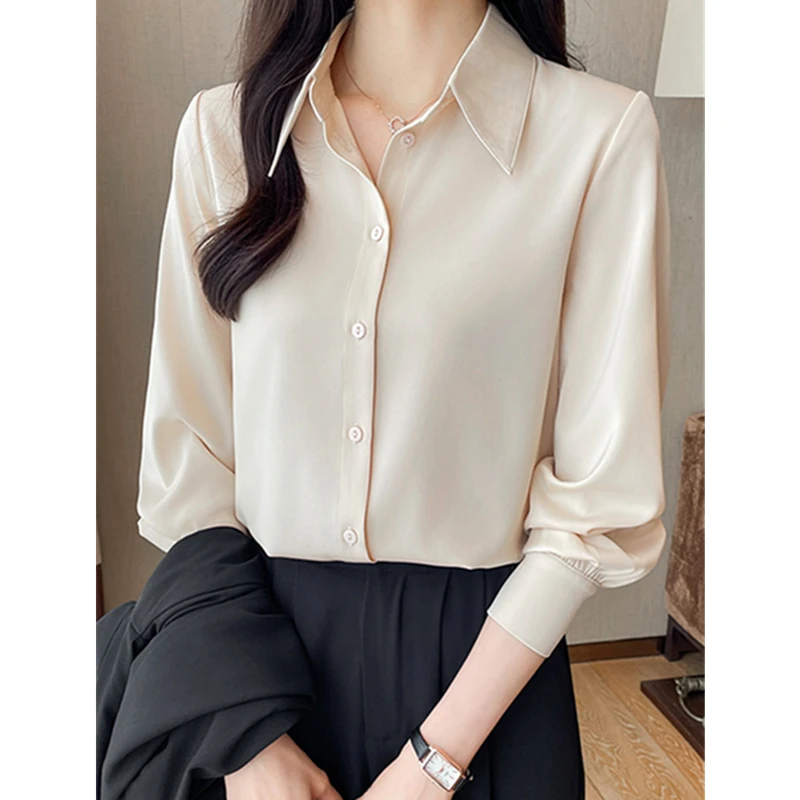 简约高级感轻奢柔光丝缎面白色衬衫女长袖简约通勤职业打底上衣OL