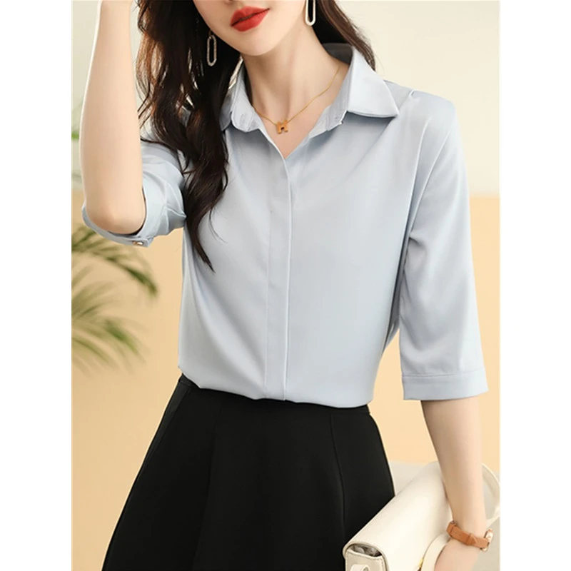 2025高档柔顺醋酸缎面职业衬衫女夏季套头款中袖通勤简约百搭衬衣