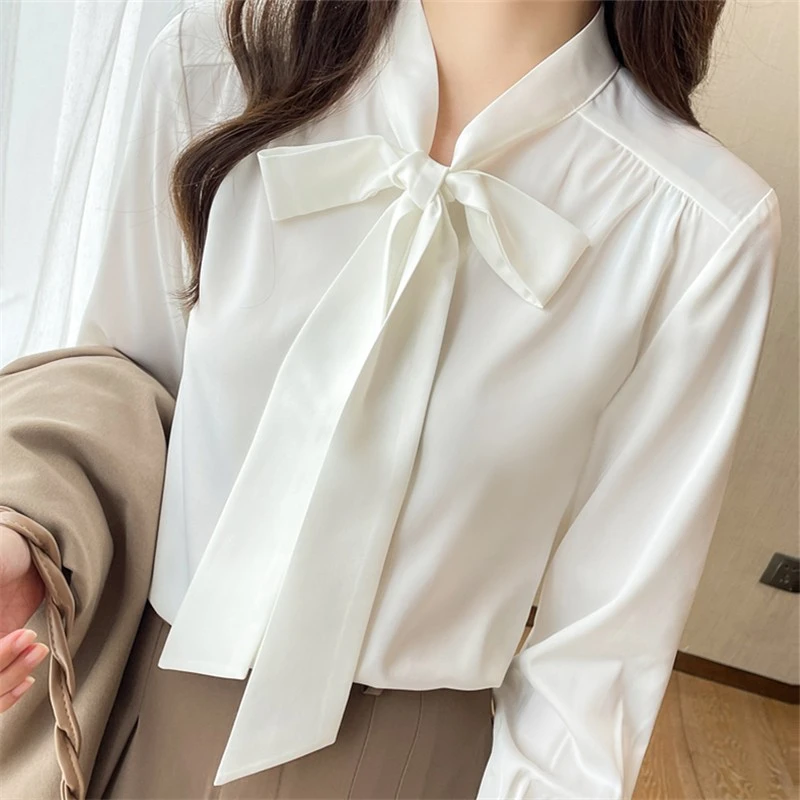 法式职业打底衬衫长袖设计感蝴蝶结白色上衣女款高级感飘带蝴蝶结