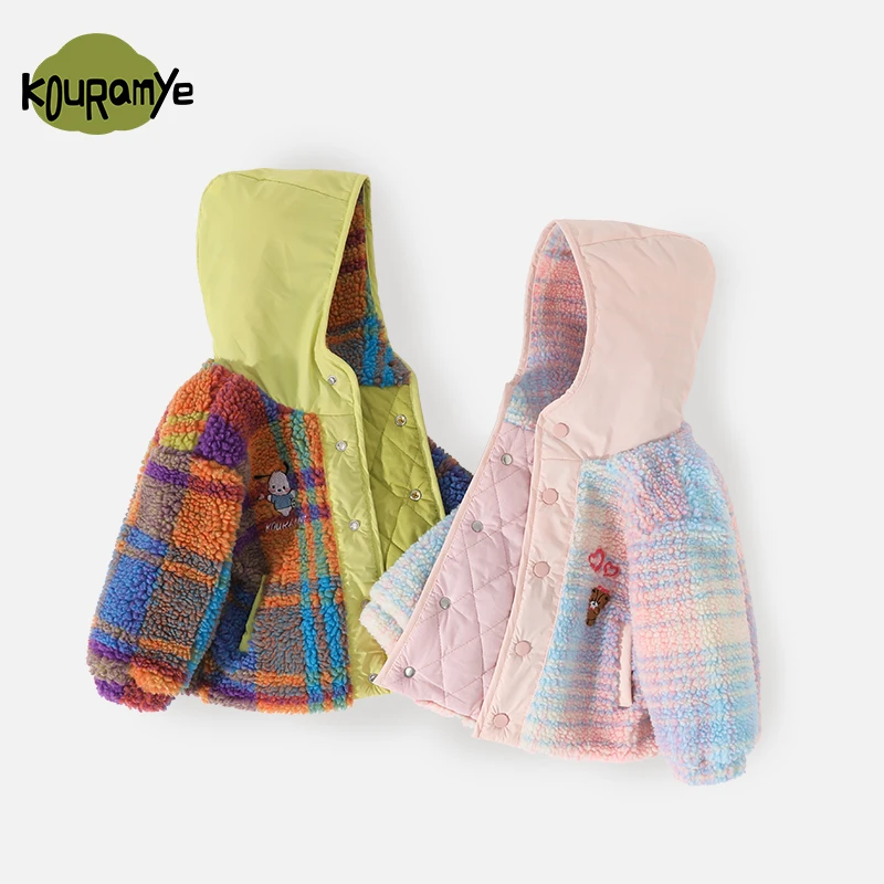 酷娃米2024年冬季新款中小男女童舒适百搭彩格毛绒外套20662