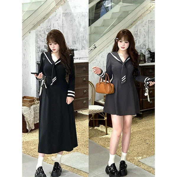 【小肉瑶】 胖mm早秋海军领设计感长短款显瘦连衣裙08245C+08239C