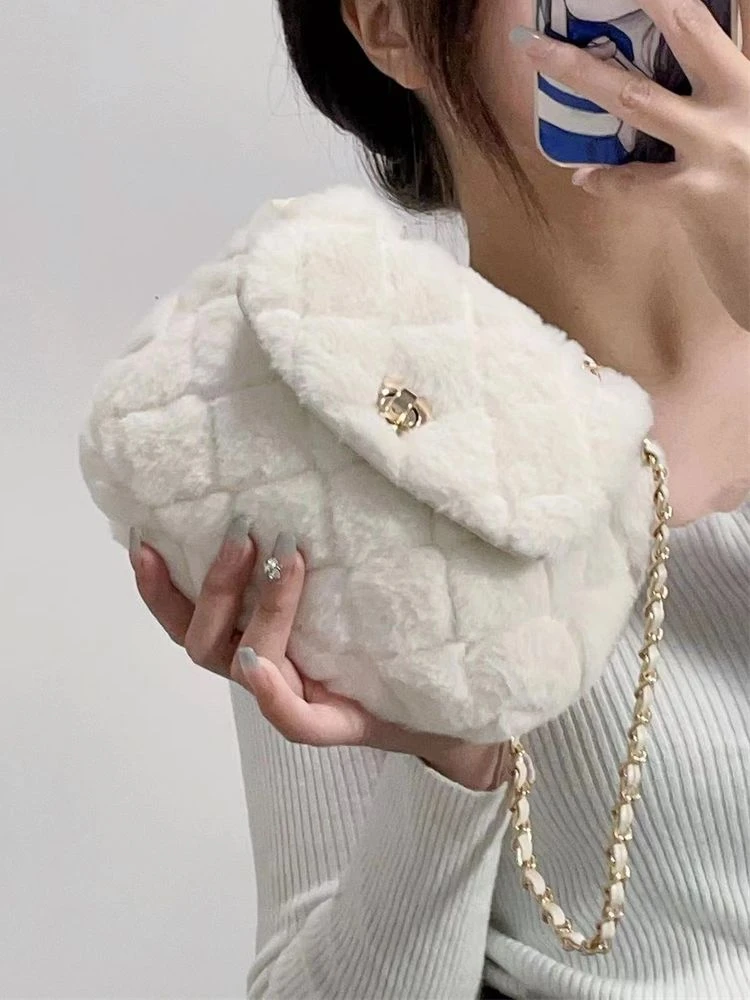 小香风菱格链条包包女2024新款时尚秋冬毛毛包百搭小众毛绒斜挎包