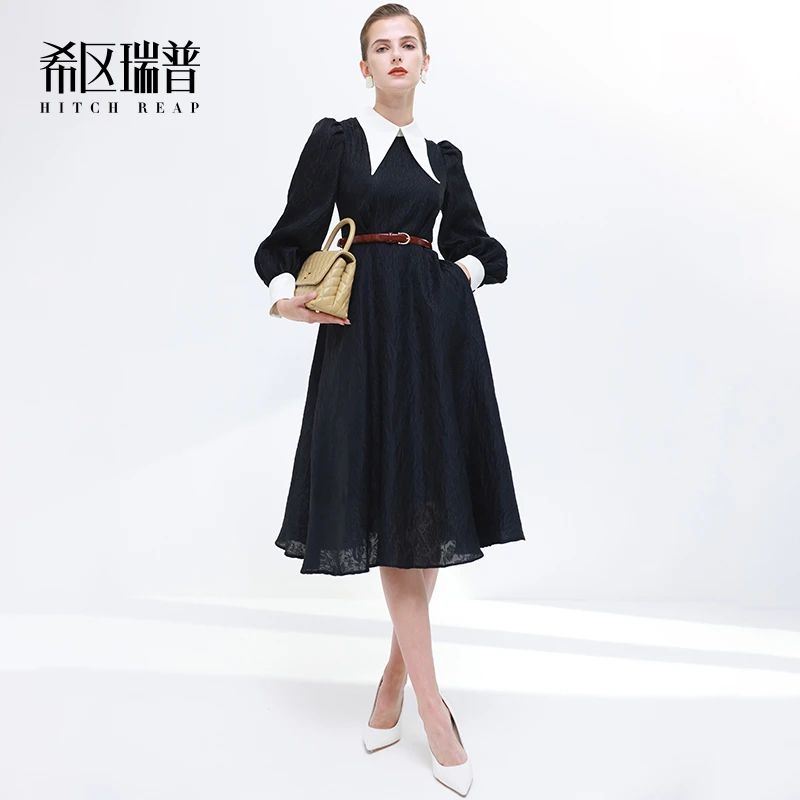 希区瑞普气质尖领连衣裙黑白拼色2024新款复古泡泡纱伞裙F1558