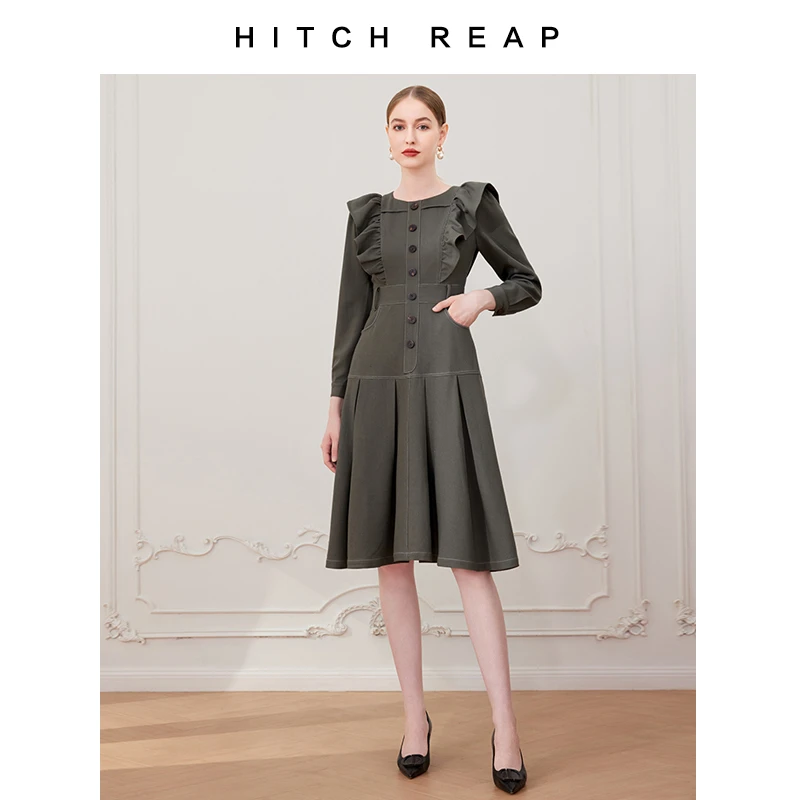 希区瑞普复古赫本风收腰修身长时尚长袖连衣裙长裙气质裙子显瘦