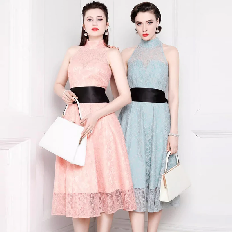 希区瑞普气质改良旗袍连衣裙夏季季蕾丝挂脖小礼服Q0057