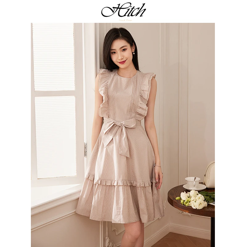 希区瑞普高级感文艺复古风连衣裙女F1615法式纯棉无袖木耳边伞裙