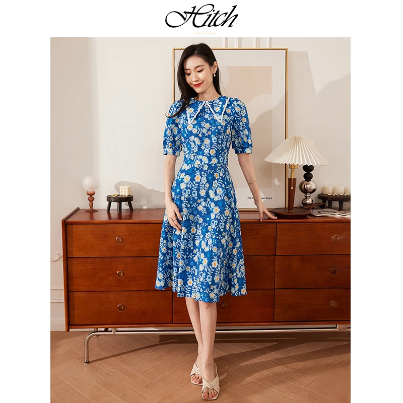 希区瑞普高端复古碎花蓝色连衣裙裙子女夏季法式娃娃领灯笼袖气质